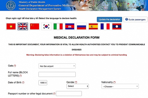 Medical declaration form in Vietnam
